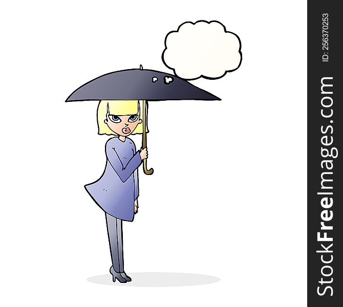 Cartoon Woman With Umbrella With Thought Bubble