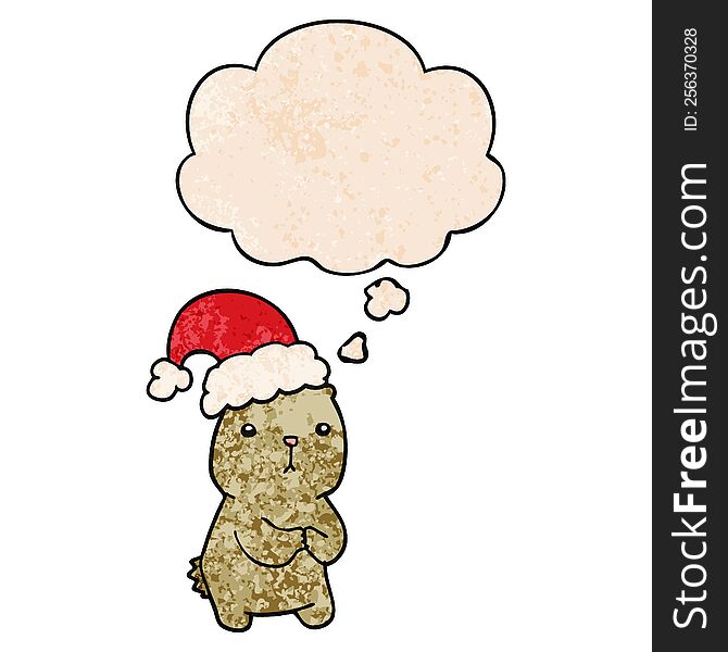 cartoon christmas bear worrying with thought bubble in grunge texture style. cartoon christmas bear worrying with thought bubble in grunge texture style