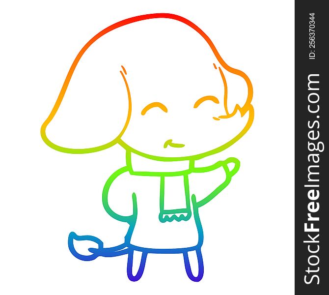 rainbow gradient line drawing of a cute cartoon elephant in winter clothes
