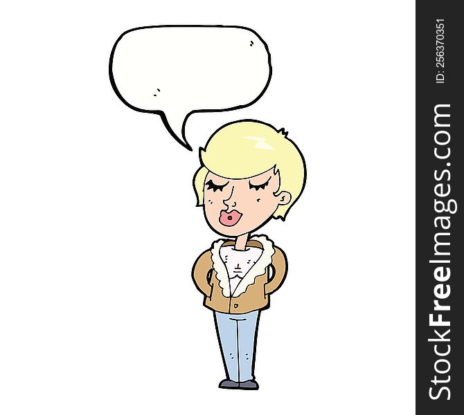 cartoon cool relaxed woman with speech bubble