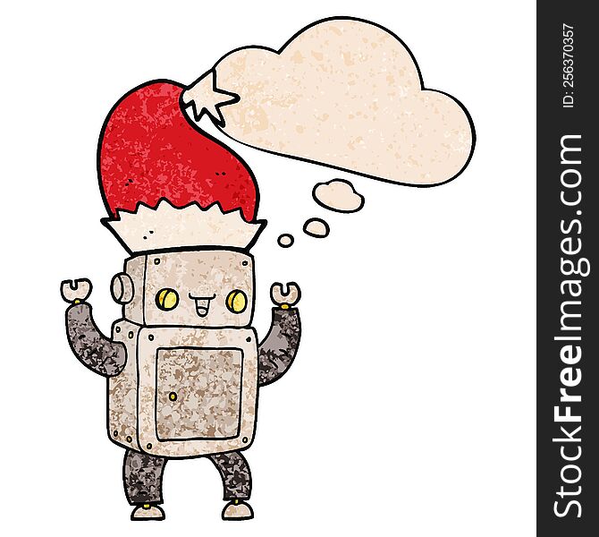 Cartoon Christmas Robot And Thought Bubble In Grunge Texture Pattern Style