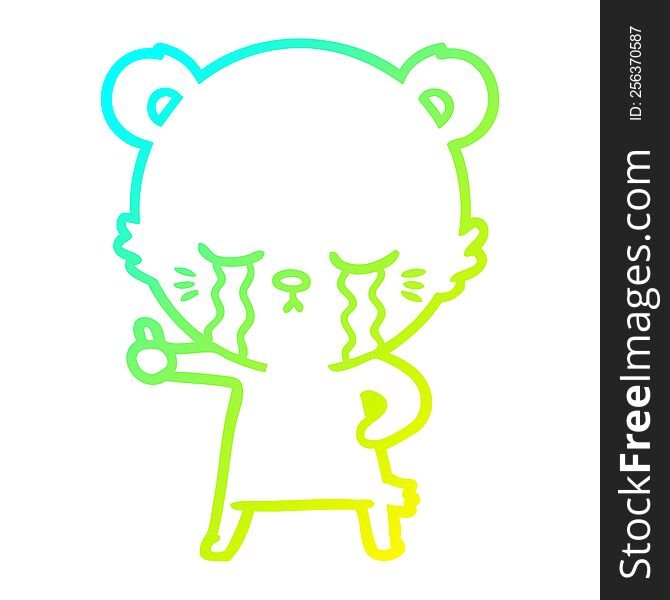 Cold Gradient Line Drawing Crying Cartoon Bear Giving Thumbs Up