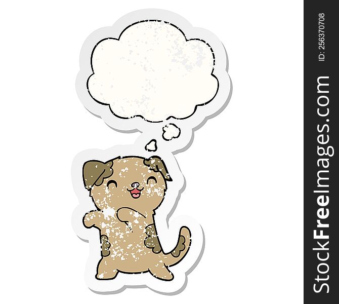 cute cartoon puppy with thought bubble as a distressed worn sticker