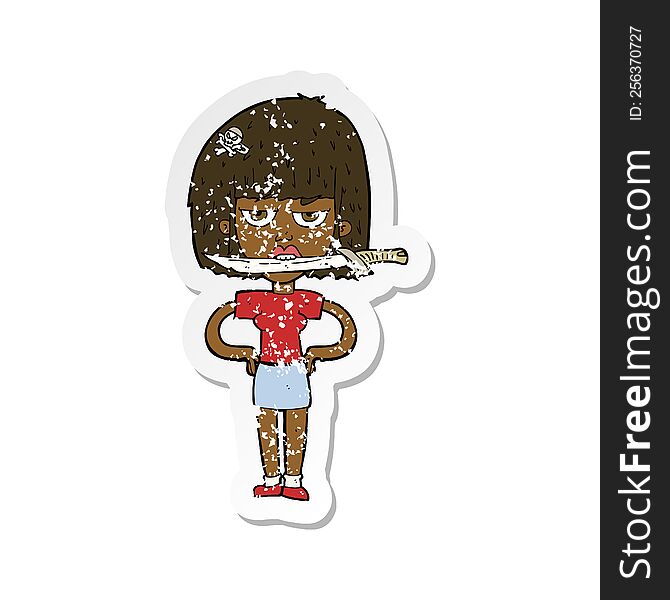 retro distressed sticker of a cartoon woman with knife between teeth