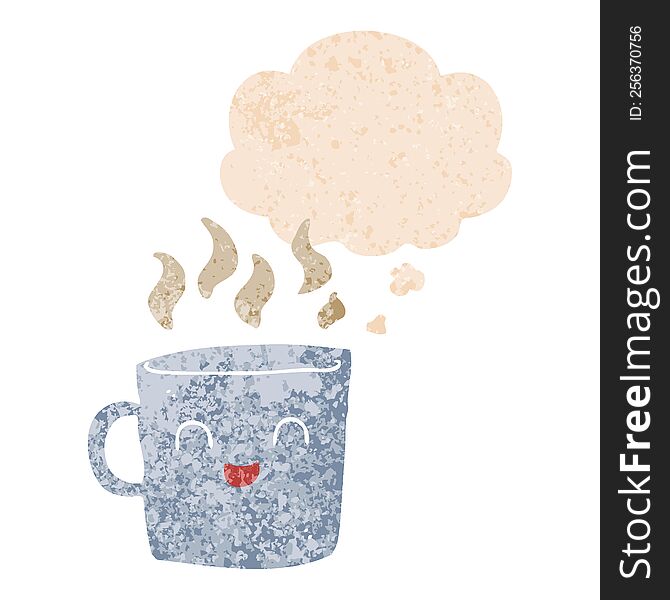 Cute Coffee Cup Cartoon And Thought Bubble In Retro Textured Style
