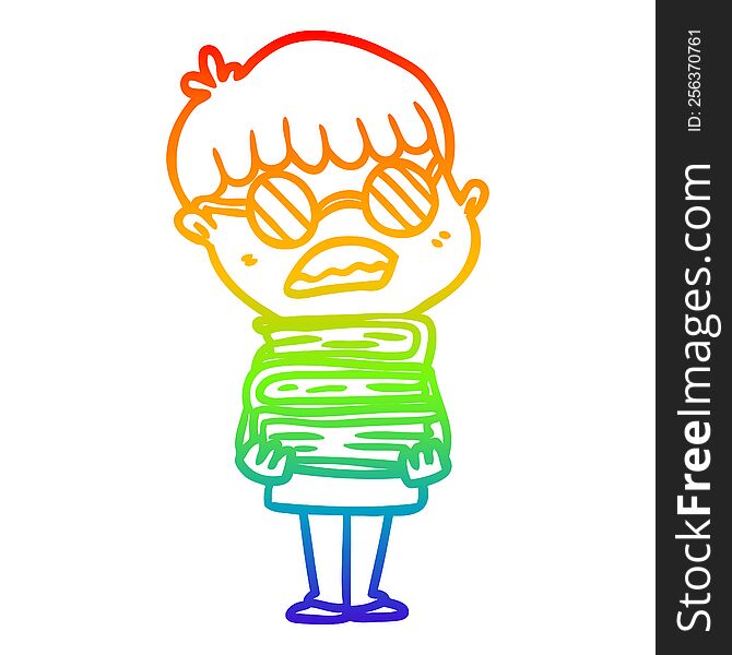 rainbow gradient line drawing of a cartoon boy with books wearing spectacles