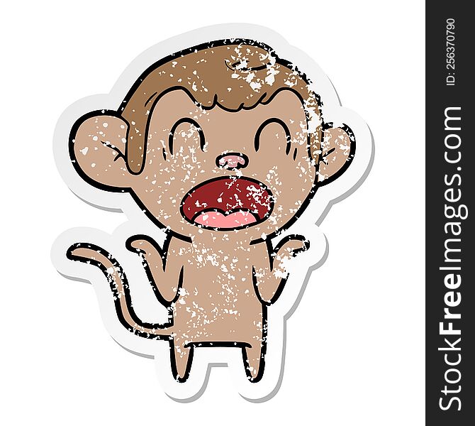 Distressed Sticker Of A Shouting Cartoon Monkey Shrugging Shoulders