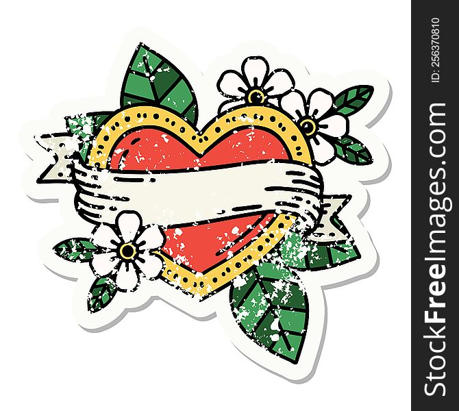 distressed sticker tattoo in traditional style of a heart and banner. distressed sticker tattoo in traditional style of a heart and banner