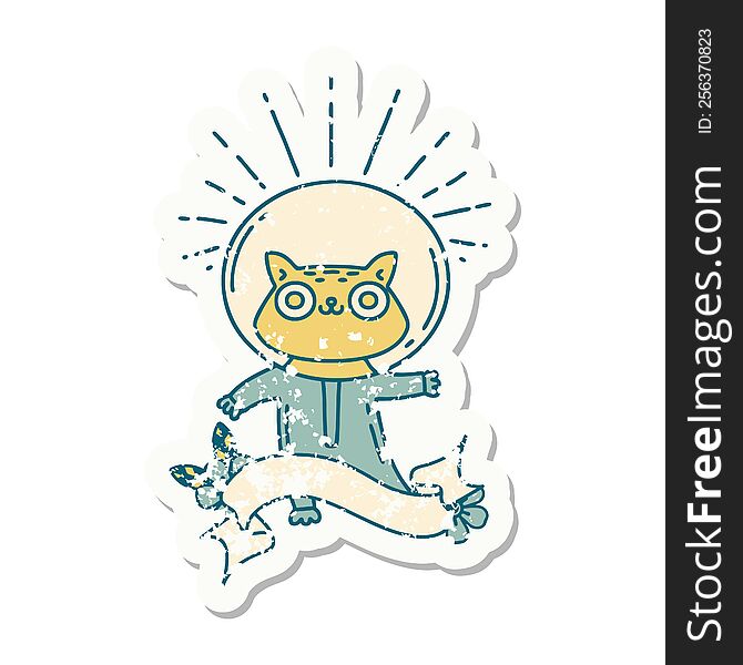 Grunge Sticker Of Tattoo Style Cat In Astronaut Suit