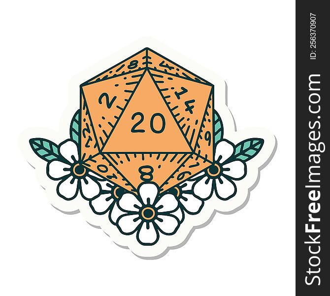 sticker of tattoo in traditional style of a d20. sticker of tattoo in traditional style of a d20