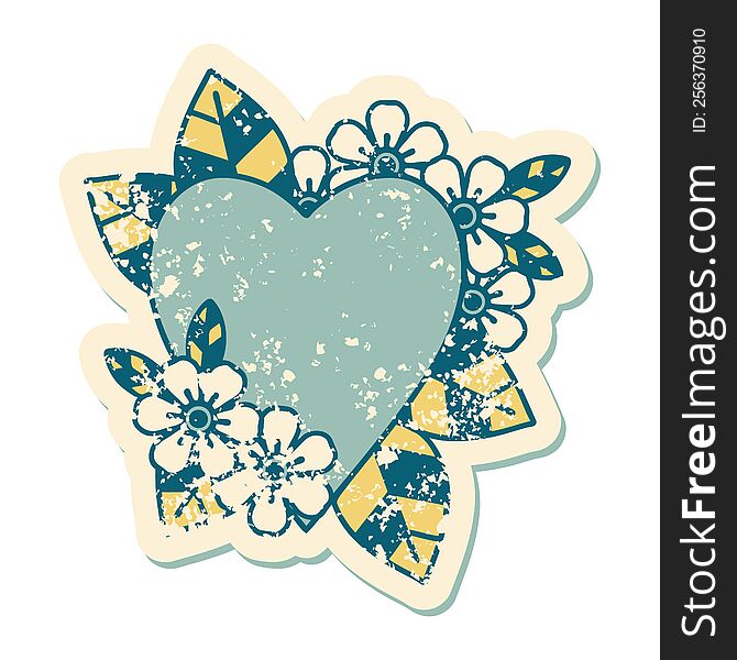 Distressed Sticker Tattoo Style Icon Of A Botanical Heart