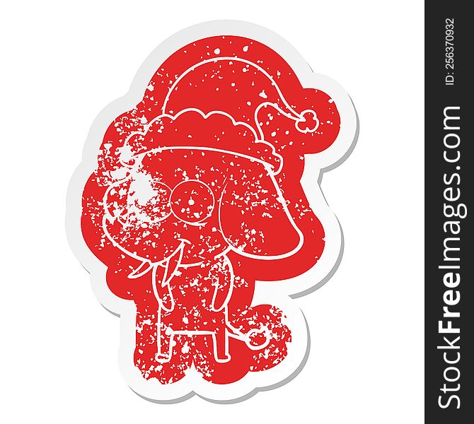 Happy Cartoon Distressed Sticker Of A Elephant Wearing Santa Hat