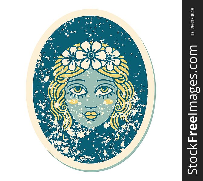 iconic distressed sticker tattoo style image of a maiden with flowers in her hair. iconic distressed sticker tattoo style image of a maiden with flowers in her hair