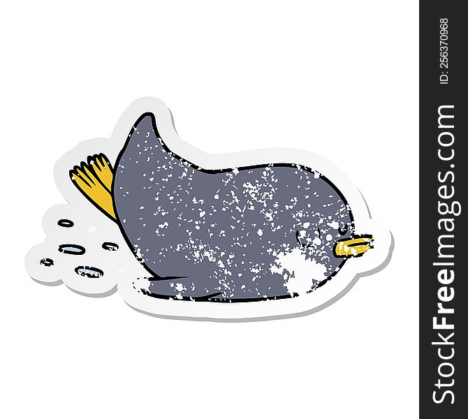 distressed sticker of a cartoon sliding penguin