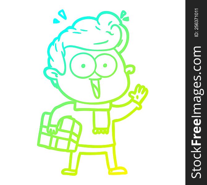 cold gradient line drawing of a cartoon excited man with present
