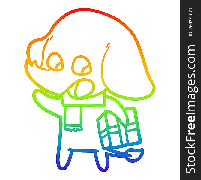 rainbow gradient line drawing of a cute cartoon elephant with christmas present