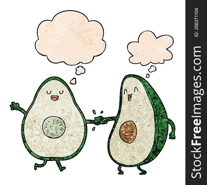 Cartoon Dancing Avocados And Thought Bubble In Grunge Texture Pattern Style