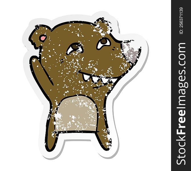 Distressed Sticker Of A Cartoon Bear Showing Teeth
