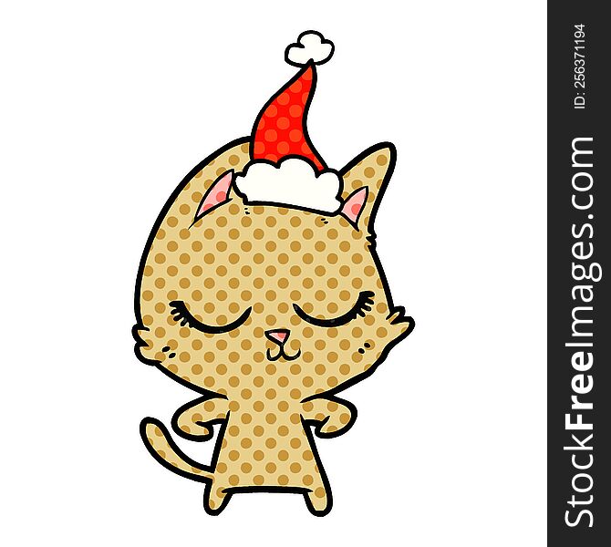 calm hand drawn comic book style illustration of a cat wearing santa hat. calm hand drawn comic book style illustration of a cat wearing santa hat