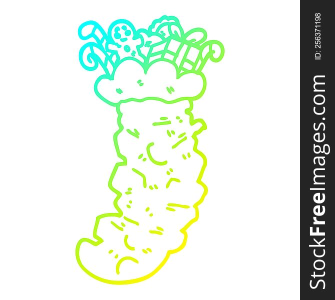 cold gradient line drawing of a cartoon christmas stocking stuffed with toys