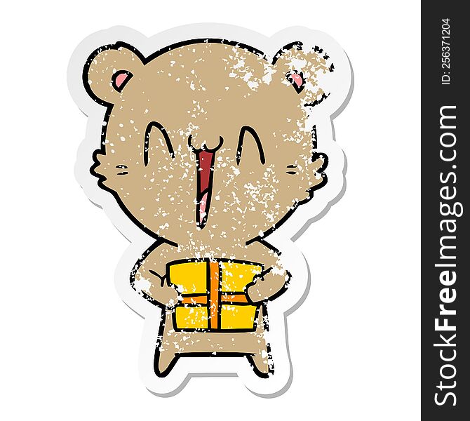 distressed sticker of a happy bear with gift cartoon