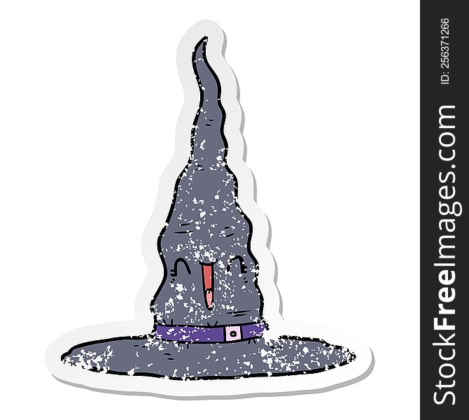 distressed sticker of a cartoon witchs hat