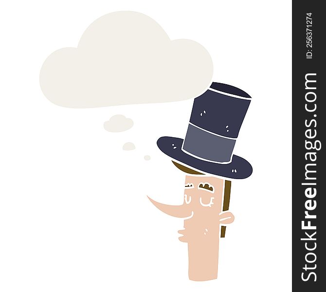 cartoon man wearing top hat with thought bubble in retro style