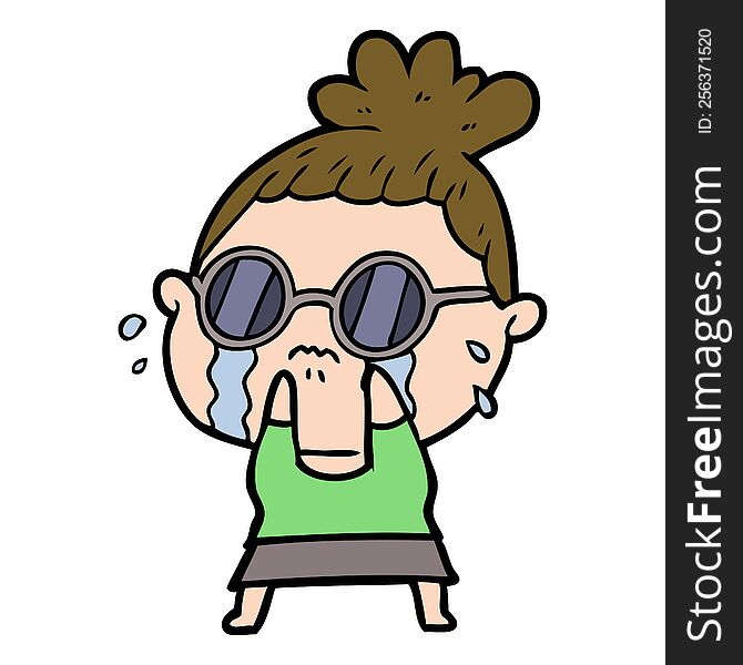 cartoon crying woman wearing sunglasses. cartoon crying woman wearing sunglasses