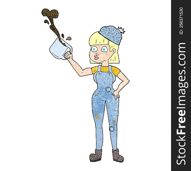 freehand drawn texture cartoon female worker with coffee mug