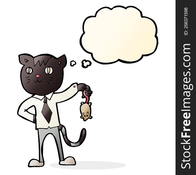 cartoon business cat with dead mouse with thought bubble