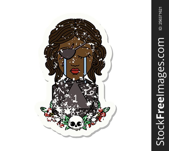grunge sticker of a crying human rogue with natural one d20 roll. grunge sticker of a crying human rogue with natural one d20 roll