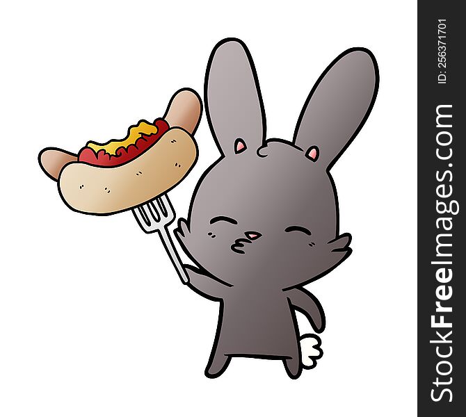 curious bunny cartoon with hotdog. curious bunny cartoon with hotdog