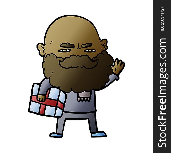 cartoon man with beard frowning with xmas gift. cartoon man with beard frowning with xmas gift