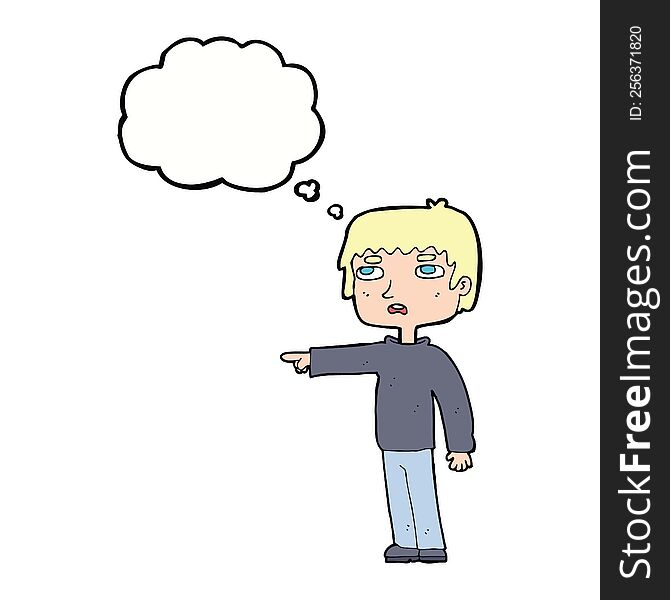 cartoon boy pointing with thought bubble