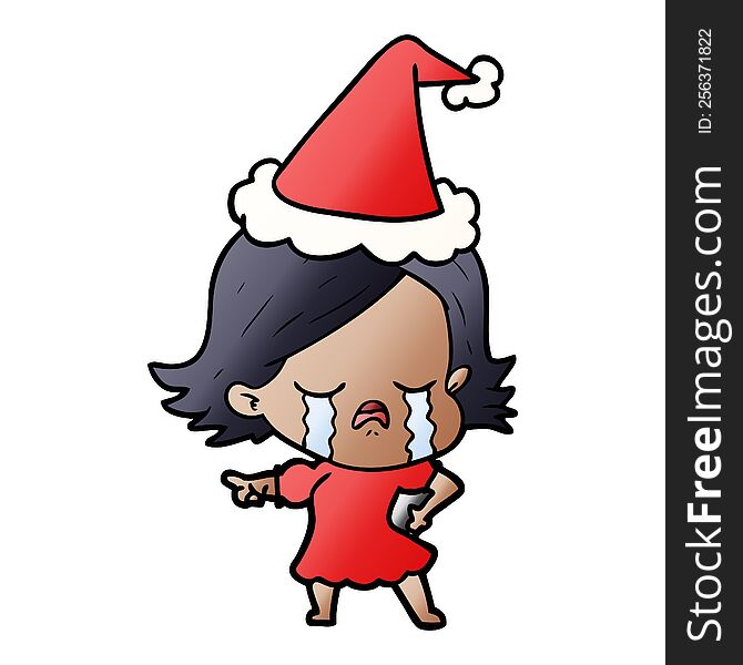 hand drawn gradient cartoon of a girl crying and pointing wearing santa hat