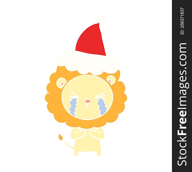Flat Color Illustration Of A Crying Lion Wearing Santa Hat