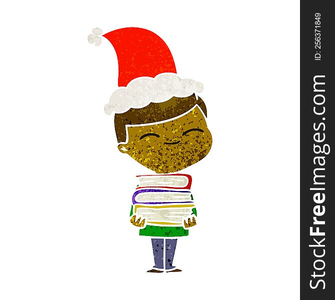 Retro Cartoon Of A Smiling Boy With Stack Of Books Wearing Santa Hat