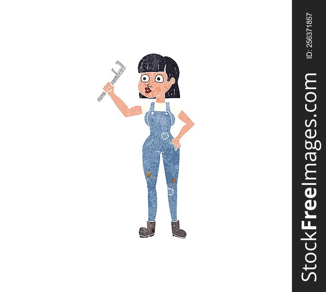 freehand retro cartoon female plumber