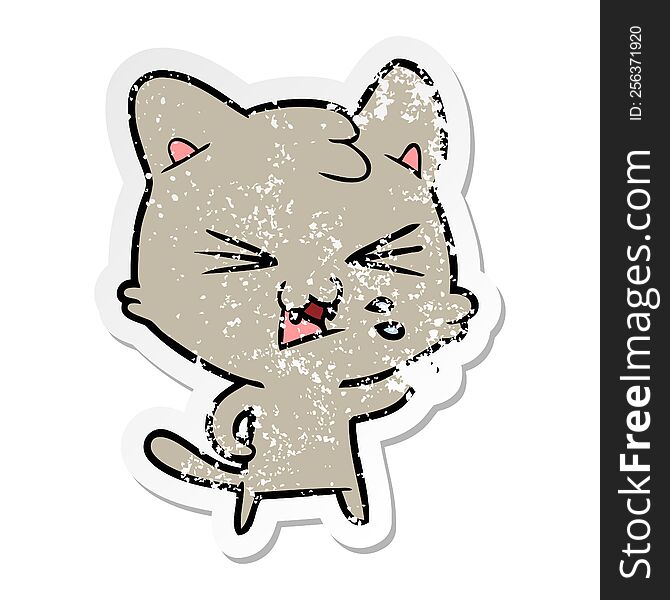 distressed sticker of a cartoon hissing cat