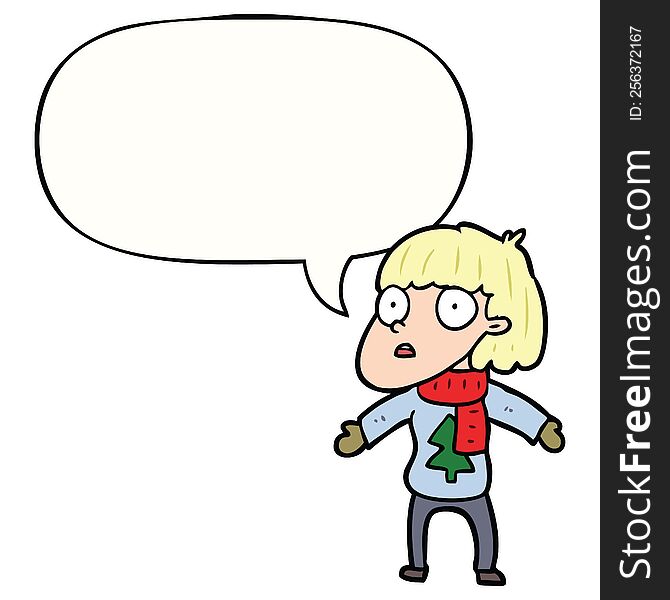cartoon surprised christmas person with speech bubble