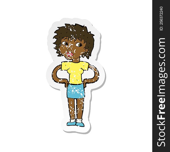 retro distressed sticker of a cartoon woman with hands on hips