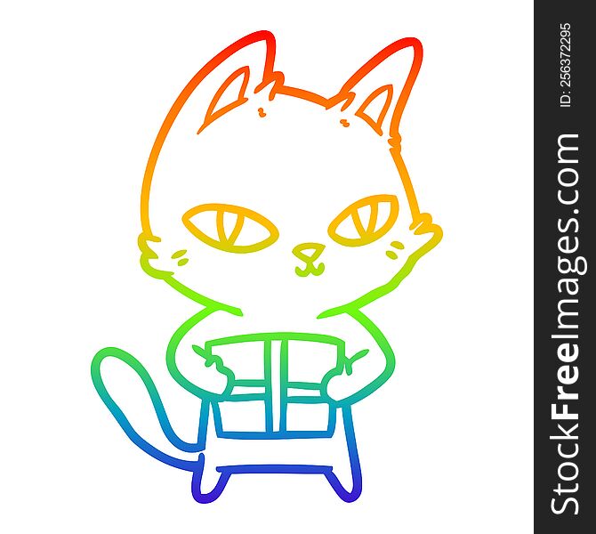 rainbow gradient line drawing of a cartoon cat holding parcel