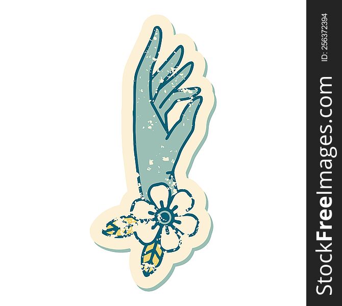 Distressed Sticker Tattoo Style Icon Of A Hand And Flower