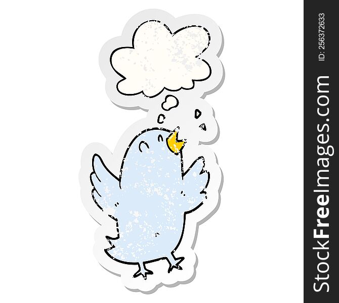 cartoon bird singing with thought bubble as a distressed worn sticker