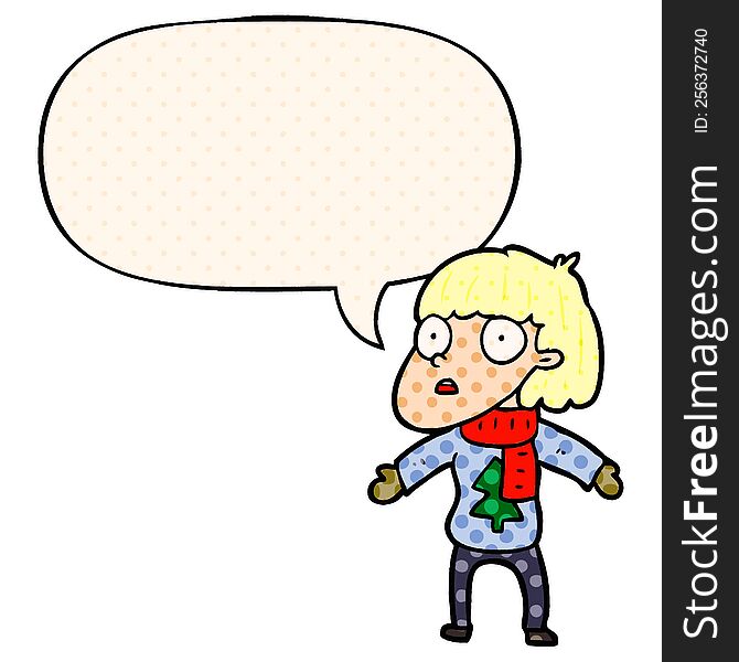 cartoon surprised christmas person and speech bubble in comic book style