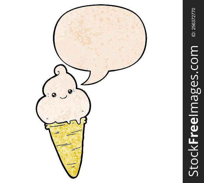 Cartoon Ice Cream And Speech Bubble In Retro Texture Style