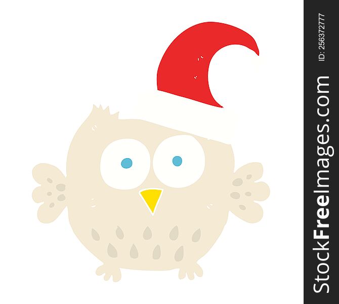 flat color illustration of a cartoon little owl wearing christmas hat