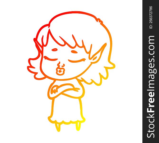 Warm Gradient Line Drawing Pretty Cartoon Elf Girl With Corssed Arms