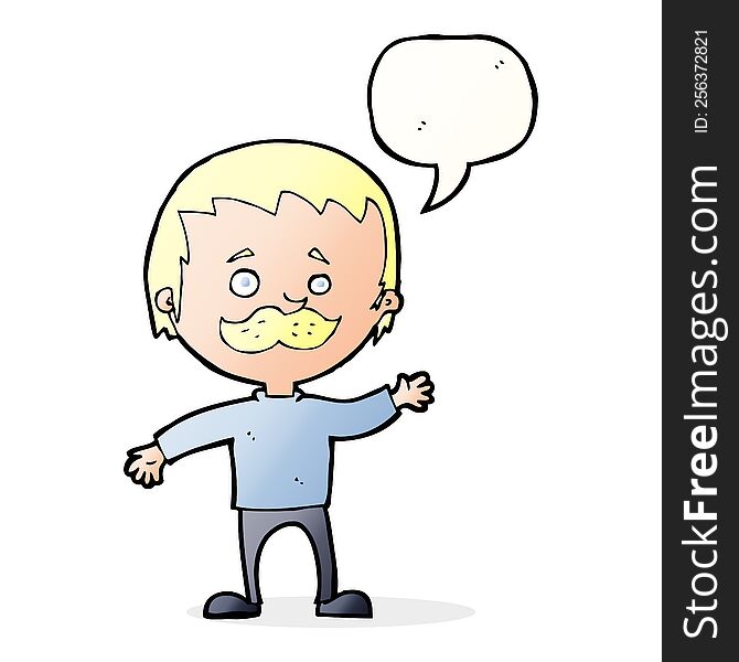 Cartoon Man With Mustache Waving With Speech Bubble