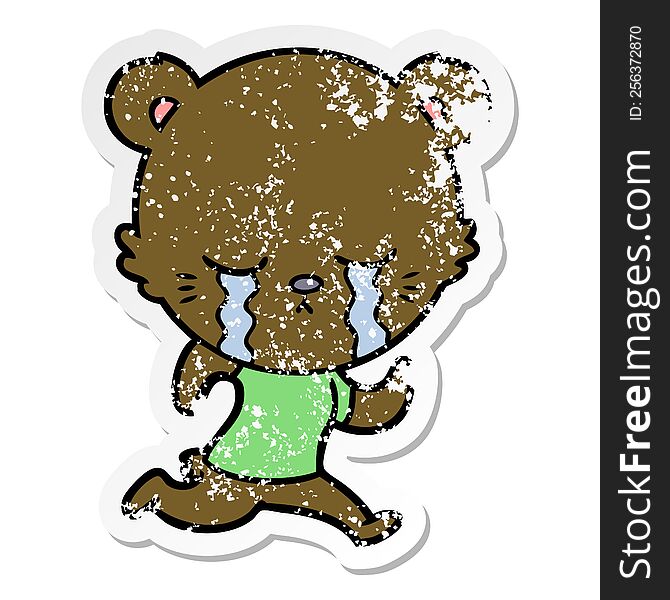 Distressed Sticker Of A Crying Cartoon Bear Running